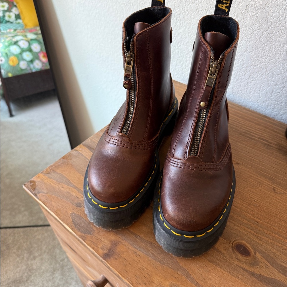 Dr. Martens Brown Leather Boots with Yellow Stitching
